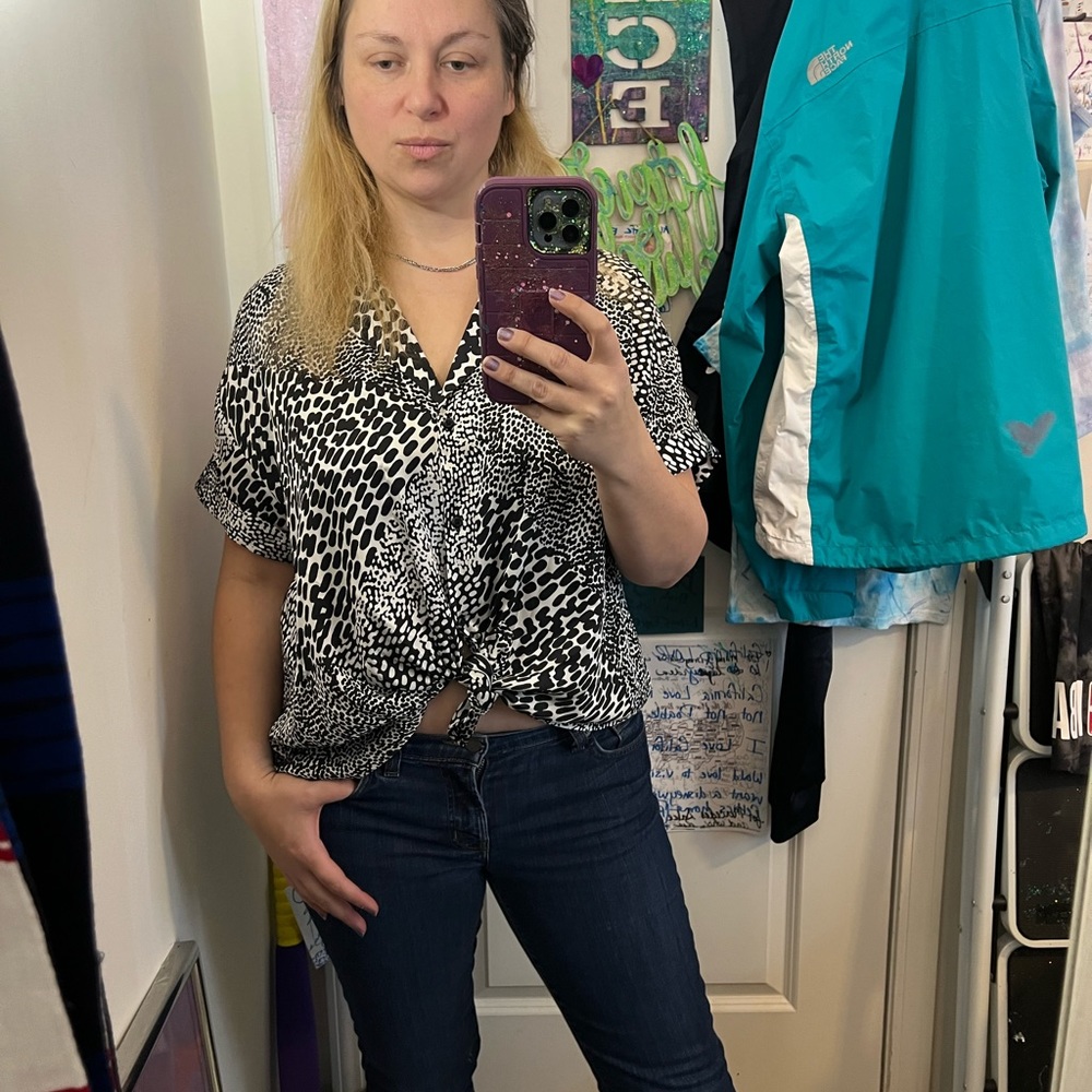 Women's Black and White Animal Print Top